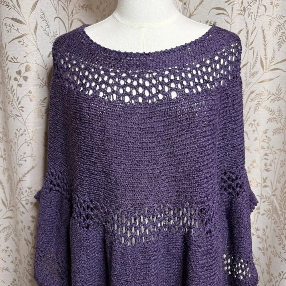 Chico's Open Knit Batwing Poncho Sweater Women L/XL Purple Whimsigoth Festival